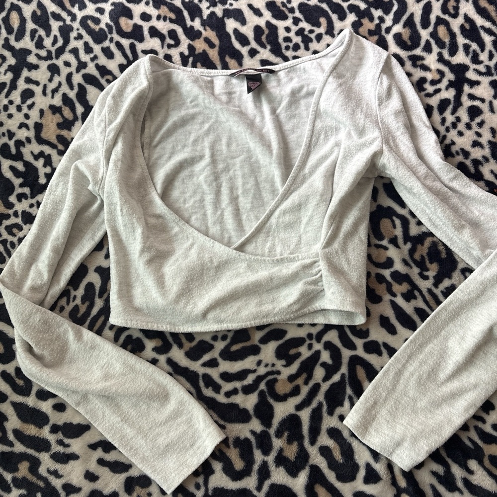 Long Sleeve Light Gray Wrap Crop Top